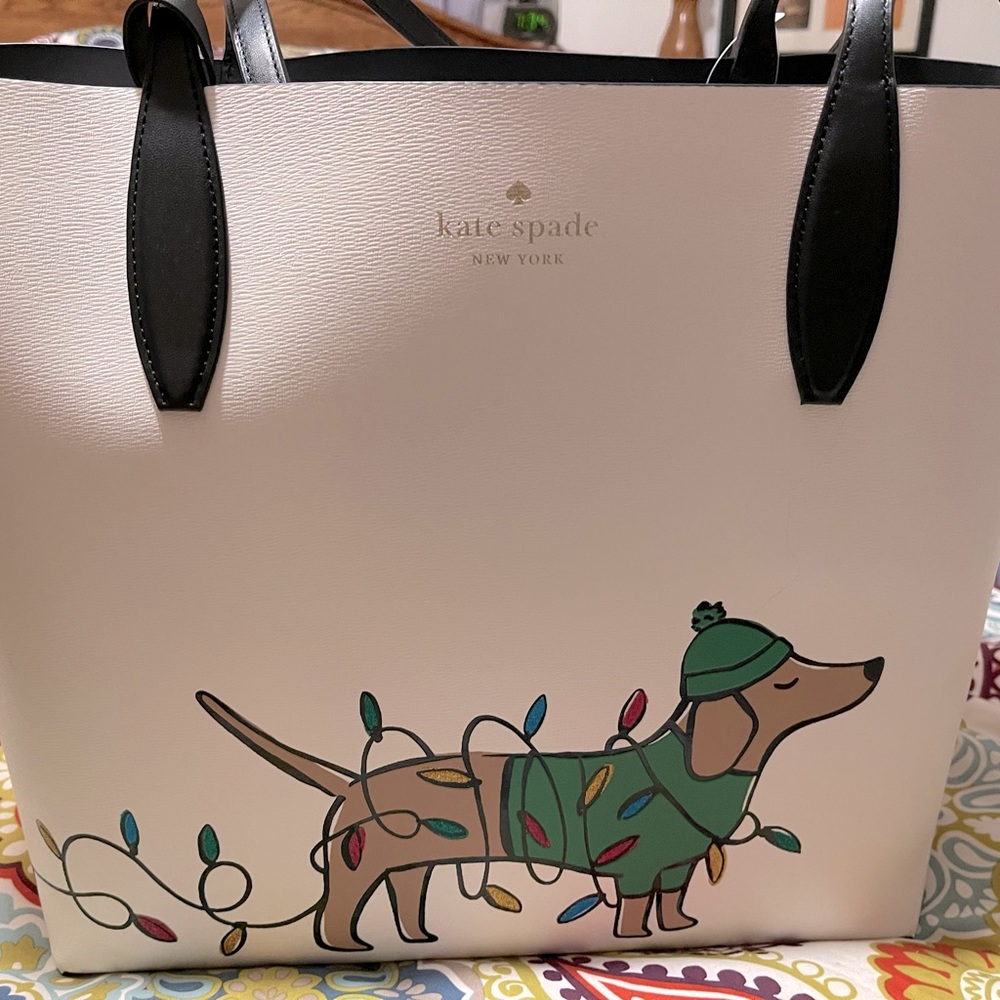 Kate Spade Cream Tote with Holiday Dog Design